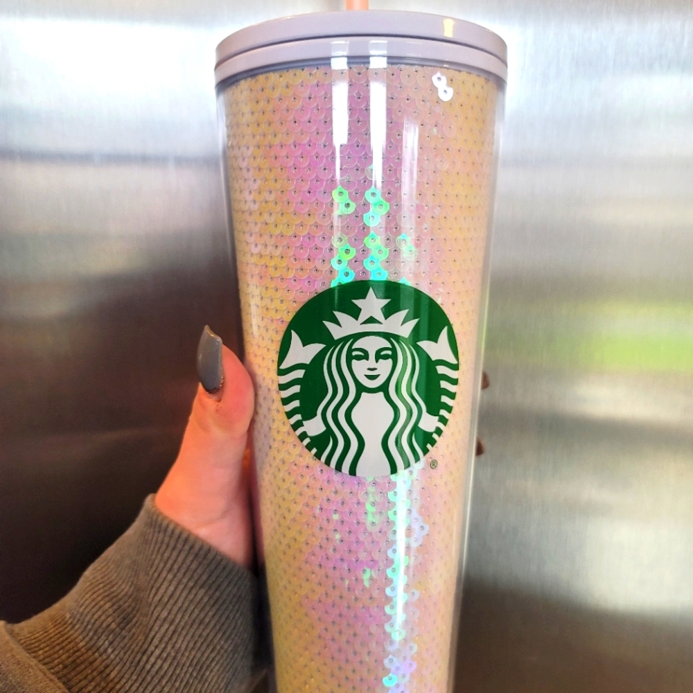 Multicolored white to pearl sequin Starbucks tumbler